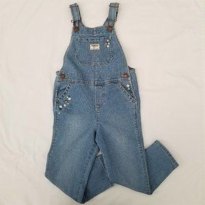 OshKosh B’gosh Vestbak SZ 5T Blue Denim Overall w/ Embroidered Flowers & Fruits